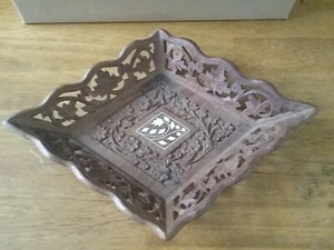 Vintage Diamond Shaped Carved Wooden Bowl/ Dish