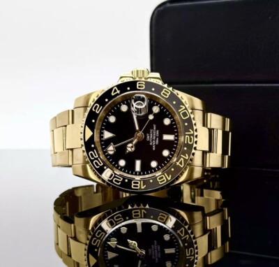 Custom 40mm GMT Style Black Gold Mod Watch Gold Case & Band w/ NH34 Automatic