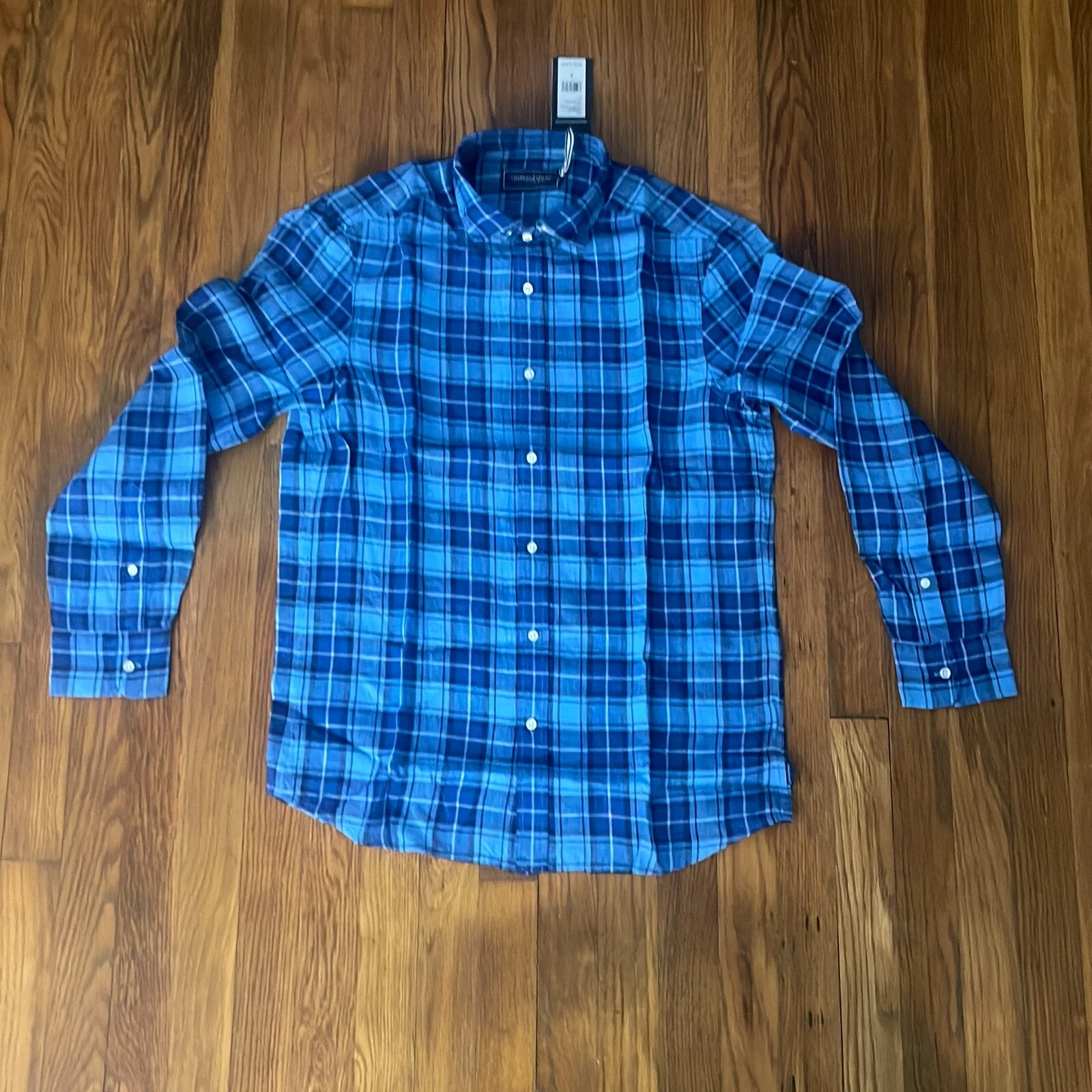 Vineyard Vines Blue Linen Plaid Spread Collared Button Up Shirt Size Small Mens