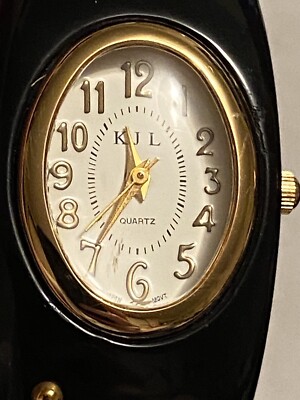 Kenneth Jay Lane KJL Gold Bangle Watch Black Dial Vintage Needs Battery Sm Wrist KJL Kenneth Jay Lane Black Watch Hinged Bangle Bracelet Gold  main image 3