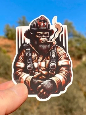 HANDMADE 2" Bigfoot Firefighter Smoking Cigar Sticker, Decal, Gift, Hero, Gear, Work, Hat