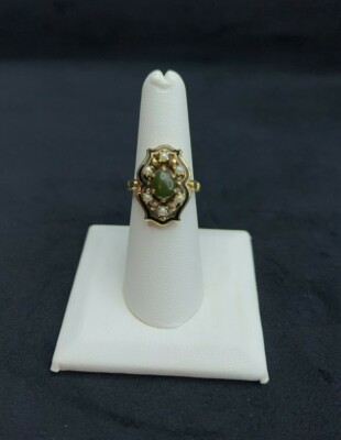 Victorian Dark Green Jade Pearl Black Onyx Inlay 10K Yellow Gold Ring Size 6