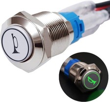 16MM Raised Horn Momentary Push Button Switch with Green LED, Silver Stainless S