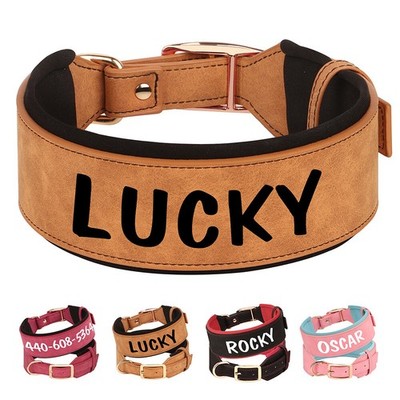 Wide Leather Personalized Dog Collar with Custom Pet Name for Rottweiler Boxer