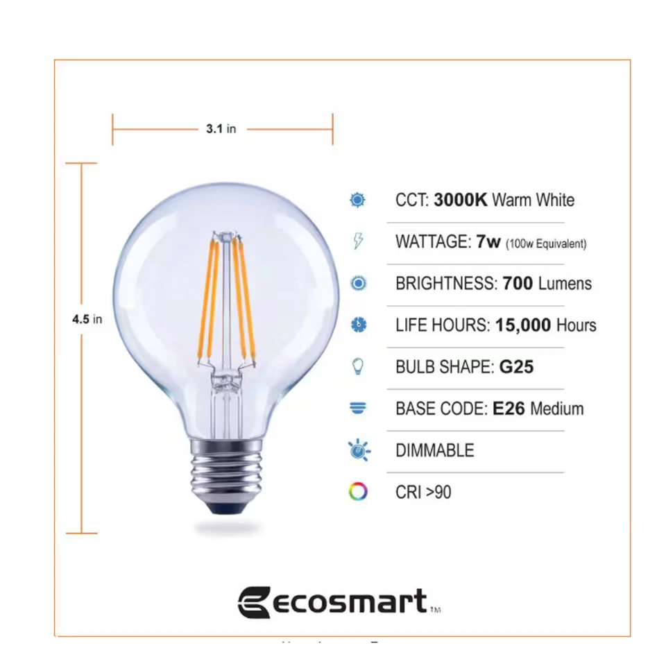 3pk EcoSmart 100W LED Light Bulb G25 Dimmable Globe Clear Glass Bright White - Image 3 of 4