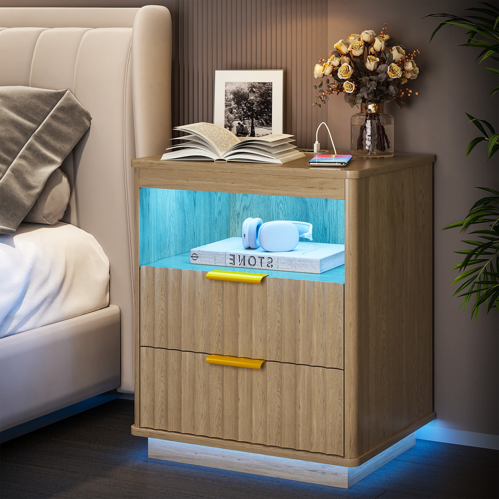 Gurexl Night Stand with Charging Station, Natural Bedside Table with LED Lights