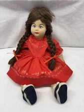 Rag Cloth Doll Folk Art Hand Made Brown Hair Red Dress Vintage