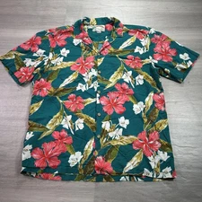 Paradise Found L.L.Bean Shirt Mens Large Teal Floral Hibiscus Hawaiian Aloha