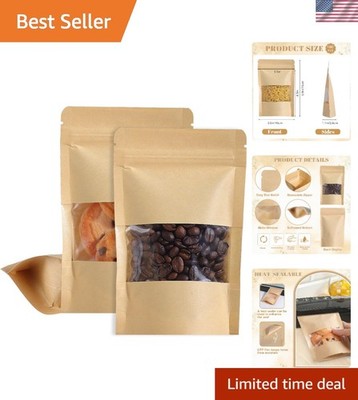 100pcs 4x6'' Kraft Stand-Up Pouch Bags with Window, Resealable Zipper & Tear Notc