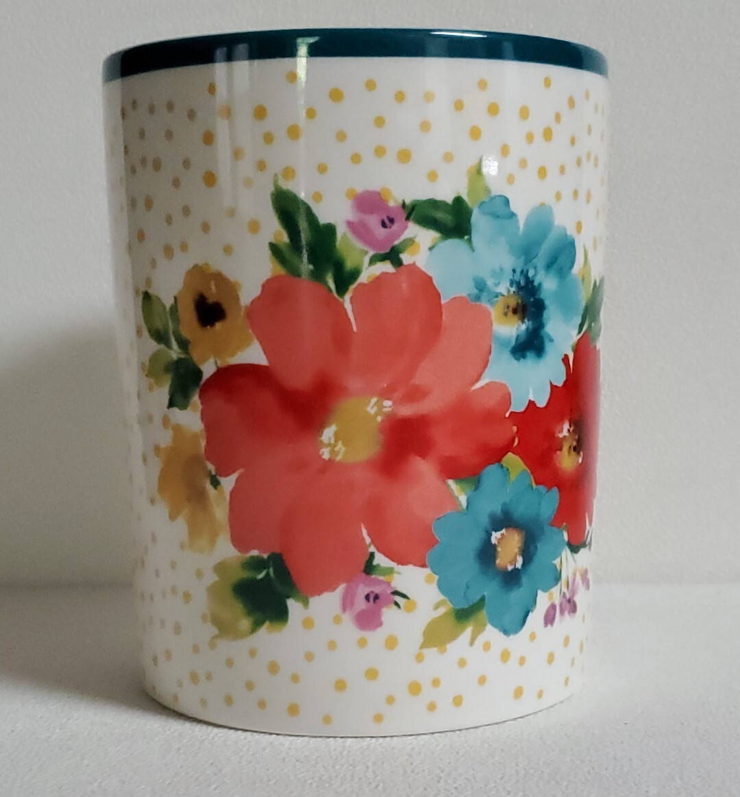 Breezy Blossom Crock Utensil Holder Pioneer Woman Floral Yellow Polka Dot 6”