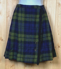 VTG Wool Tartan Kilt Skirt Scottish Short Pleated Wrap Blackwatch Plaid Size 0