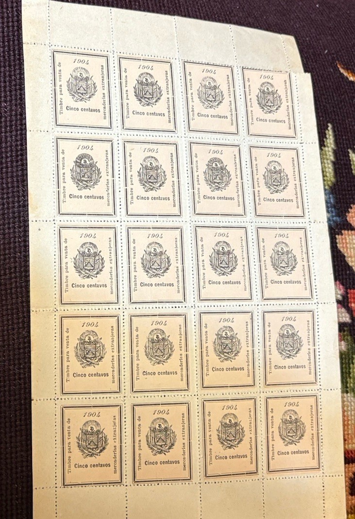 1904 El Salvador 5 Centavos Revenue Stamp Sheet for Imported Merchandise