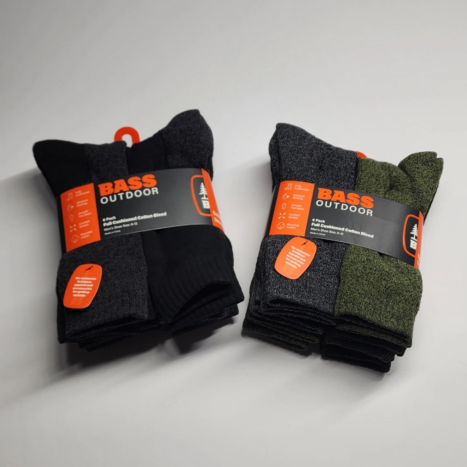 BASS Outdoor Socks 12 Pack Pairs - Moisture Wicking Cotton Blend Full Cushion
