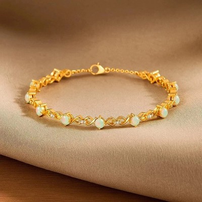 5 kt Rundschliff Laborgefertigter Feueropal Damen Tennis Armband 14 K Gelbgold vergoldet