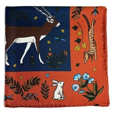 Navy Blue & Orange Animal Motif Ancient Madder Silk Pocket Square (Hand-Rolled)