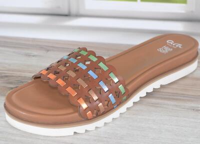 New ARA Shoes ALICANTE Woven Leather Slides Sandals Size 42 10.5 MULTI COGNAC