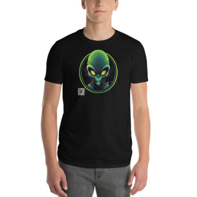 Alien T-Shirt smartphone camera scannable AR/QR code produces a 3D image