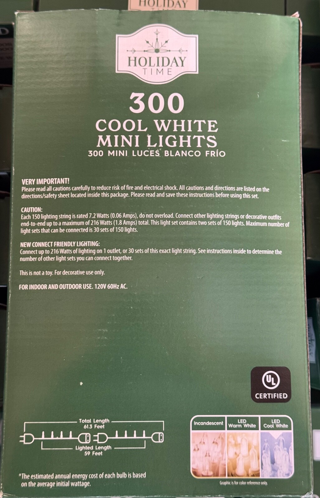 NEW! Holiday Time 300 Cool White Mini LED Christmas Lights Strand White Wire