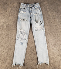 American Eagle Jeans Womens 00 Mom Light Wash Blue Stretch Distressed Denim