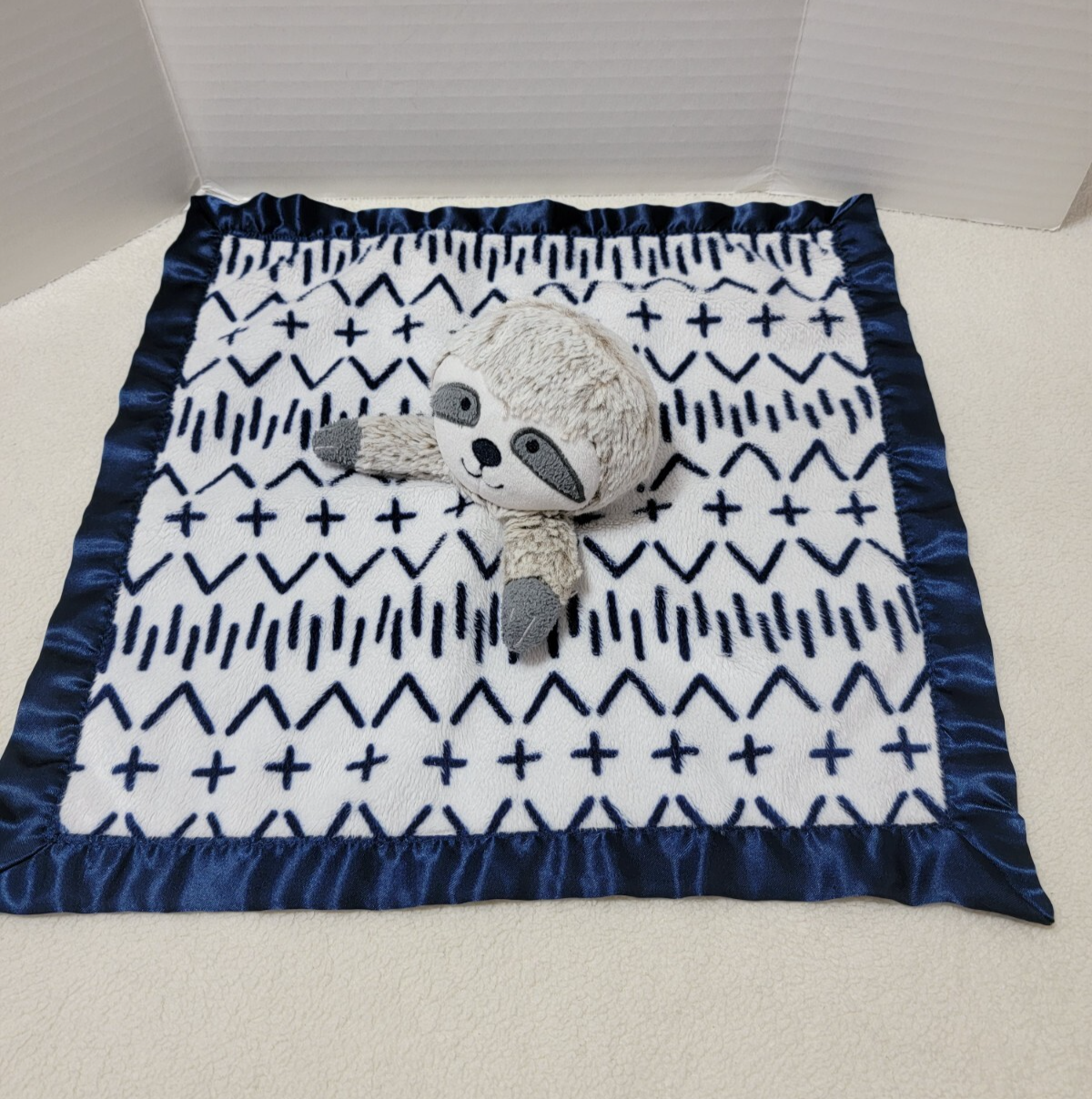 Gray Sloth Lovey Baby Blanket with Navy Blue White Satin Trim  