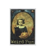 ACEO Art Trading Card ATC Original Halloween Collage Art Girl Pumpkin Black Cat