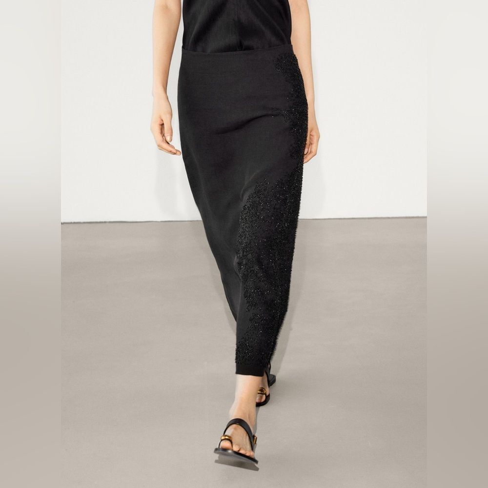 NWT Massimo Dutti Black Linen Blend Skirt With Embroidery Beads Size Small thumbnail 11