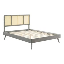 Modway Kelsea Cane Rattan and Wood Full Platform Bed with Splayed Legs in Gray