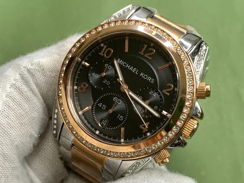Michael Kors MK6093 Chrono Black Dial Crystals Two-Tone Band Womens Quartz Watch - Picture 9 of 19