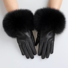 Women Lambskin Leather Gloves With Fox Fur Trim Cuff Winter Warm Warm Gloves