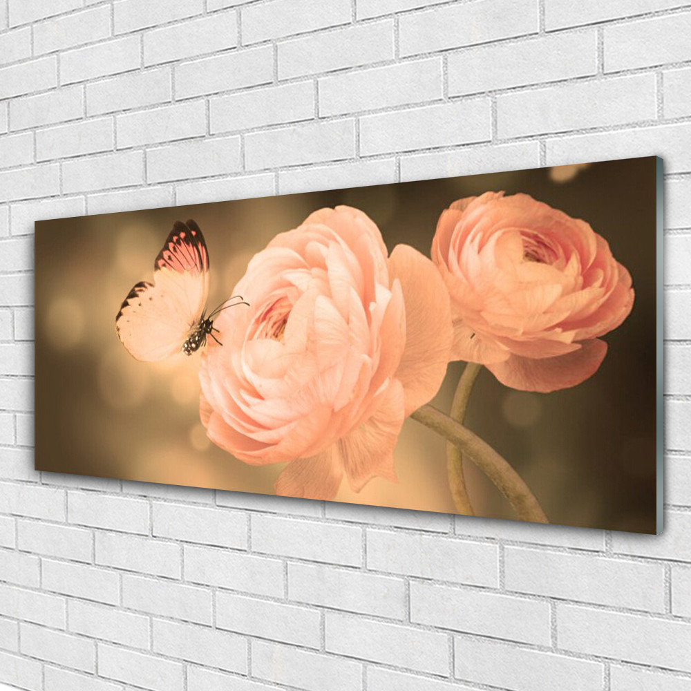Tableau sur verre 125x50 cm motif roses et papillon pour une ambiance douce