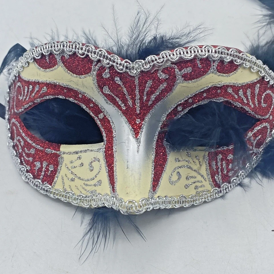 Red Silver Masquerade Mask With Feathers Venetian For Women KBW NWT - Image 2 of 4