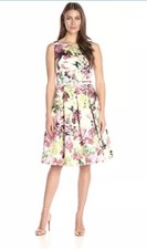 NWT Eliza J Belted Floral Print Faille Fit & Flare Dress 6 Pink Red