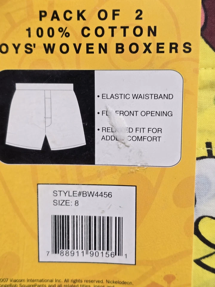 Niños Talla 8 Bob Esponja 2 Pares Boxer Ropa Interior Nueva Nickelodeon 2007 De Colección Foto 3 de 4