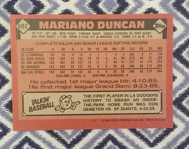 1986 Topps Los Angeles Dodgers #602 Mariano Duncan - Image 3 of 4