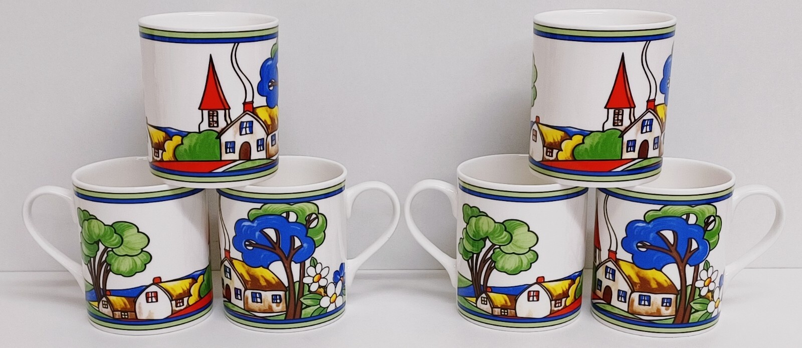 Village Art Deco Mugs Set 6 Bone China 250ml 9oz Balmoral Exclusive Countryside