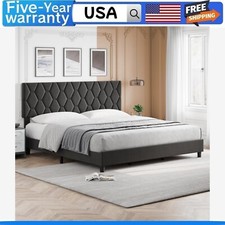  QUEEN Size Platform Bed Frame with Upholstered Headboard Soft Fabric Adjustable