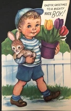Vintage Easter Greeting Card Adorable Boy W/Bunny & Tulips To Nice Boy M. Cooper