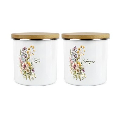 Floral Tee & Zucker Kanister Set - Blumenstrauß Küche Emaille Vorratsdose