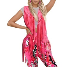 70s Hippie Party Costume Set Fringe Vest Pants Bandana 5Pcs In Colorful Magenta