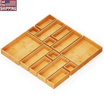 Bamboo Drawer Organizer 14-Piece Set Storage Bins Kitchen Office Makeup New