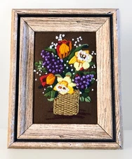 Vintage Needlepoint Yarn Embroidered Tulips Lilacs Framed No Glass 7.5”x9” Frame