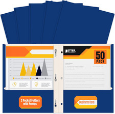 Blue Paper 2 Pocket Folders with Prongs, 50 Pack, Matte Texture, Letter Size Pap