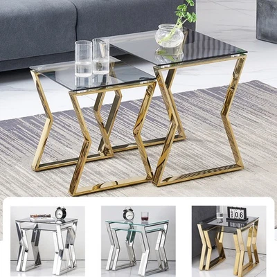 Set Of 2 Side Tables Set Coffee table Tempered Glass Top (Gold/Silver leg)