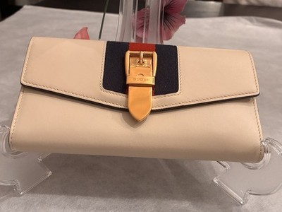 Gucci Sylvie Beige Striped Chain Wallet Gold-tone Hardware Red