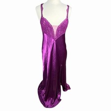 Victoria's Secret Vintage Gold Label Long Satin Slip Nightgown M Purple Lace