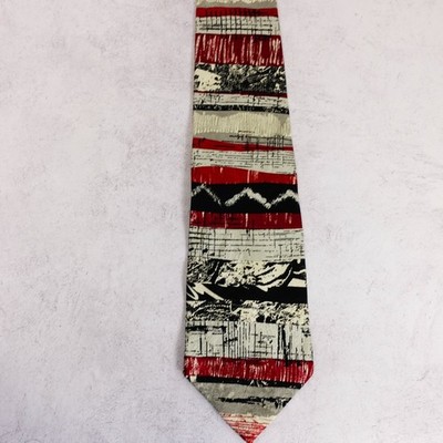 Geo Block Neck Tie Men Red White Abstract Stripe Dress Suit Italian Silk BUGATTI