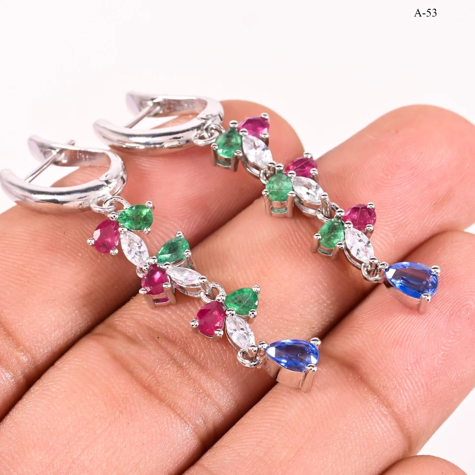 Ruby Emerald Kyanite Earrings: Sterling Silver Lever Back Gemstone Dangle - Image 4 of 4