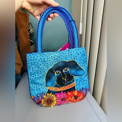 Laurel Burch Matisse in Flowers Black Lab Dog Small ToteBlue Artistic Print Bag