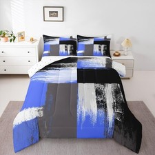 Abstract Art Grey Blue Black White Comforter Set Full Size Kids Geometric Com...