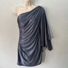 Hailey Adrianna Papell Dress Small Gray Ruched Satin Mini One Shoulder Prom Glam